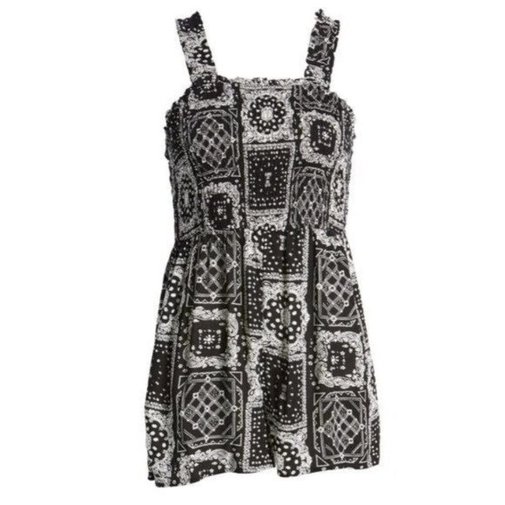 b.p. Smocked Bodice Romper in a Black Bandanamix print